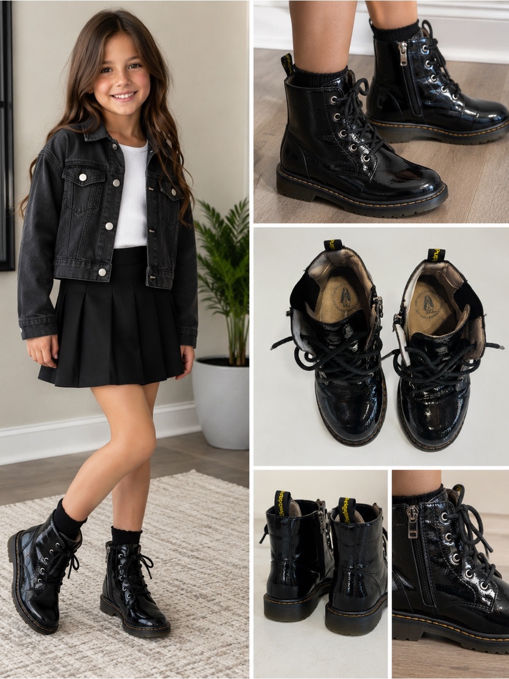 Hush Puppies Kids Black Patent Combat Boots Side Zip Lace Up Size US 1.5